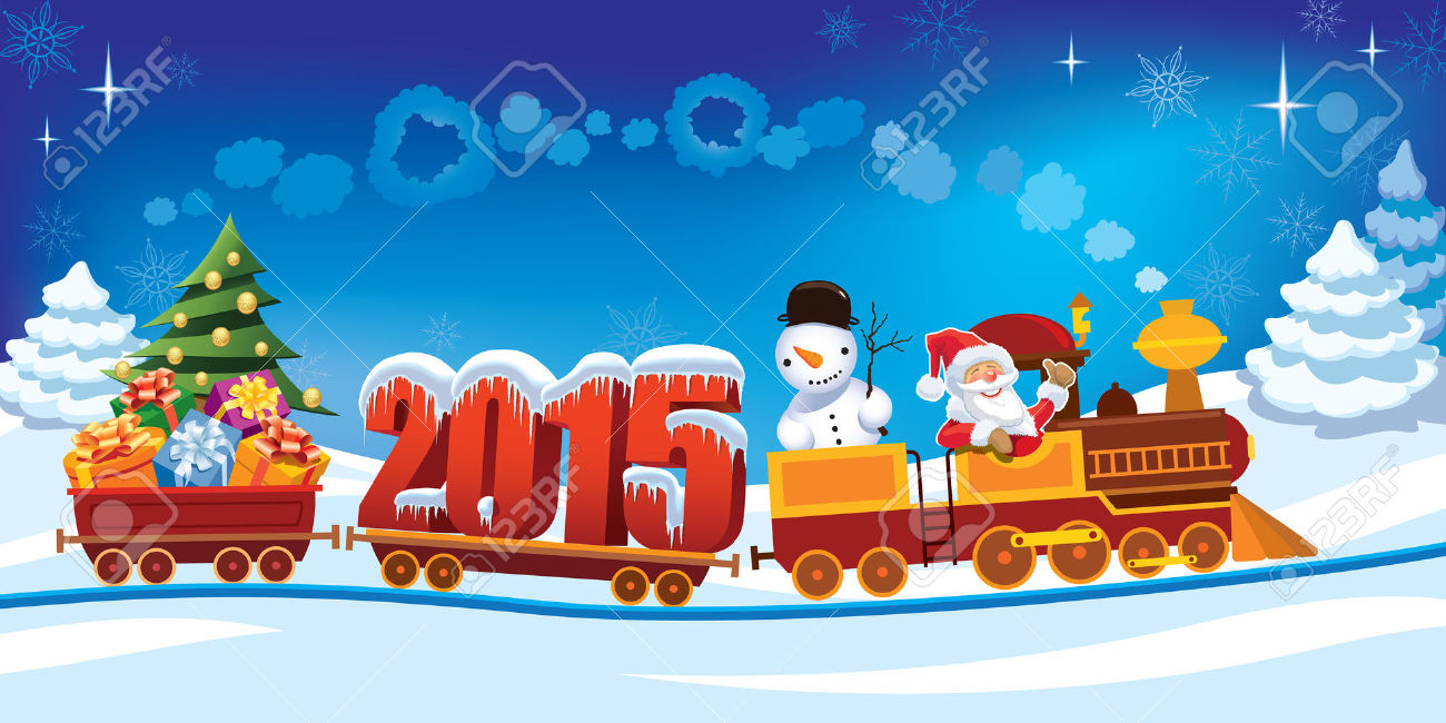 32570596-A-o-Nuevo-2015-y-Santa-Claus-en-un-tren-de-juguete-con-regalos-mu-eco-de-nieve-y-rboles-de-Navidad--Foto-de-archivo